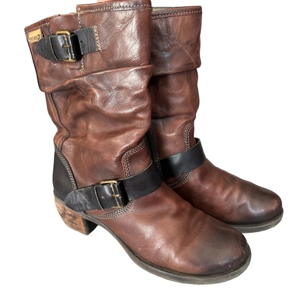PIKOLINOS Soria Brown Two-Tone Leather Biker Boot Heeled - Picture 2 of 9